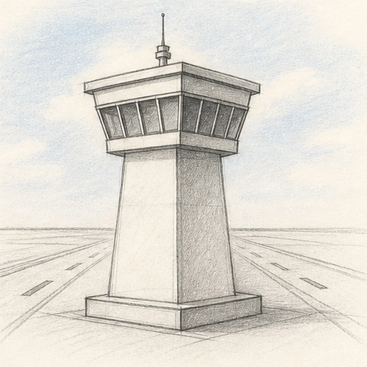 Graphite and colored-pencil sketch of an airport control tower with tapered shaft, wide glass cab, roof antenna, angled window panels, base platform, runway perspective marks, blue-gray sky, and soft shadow