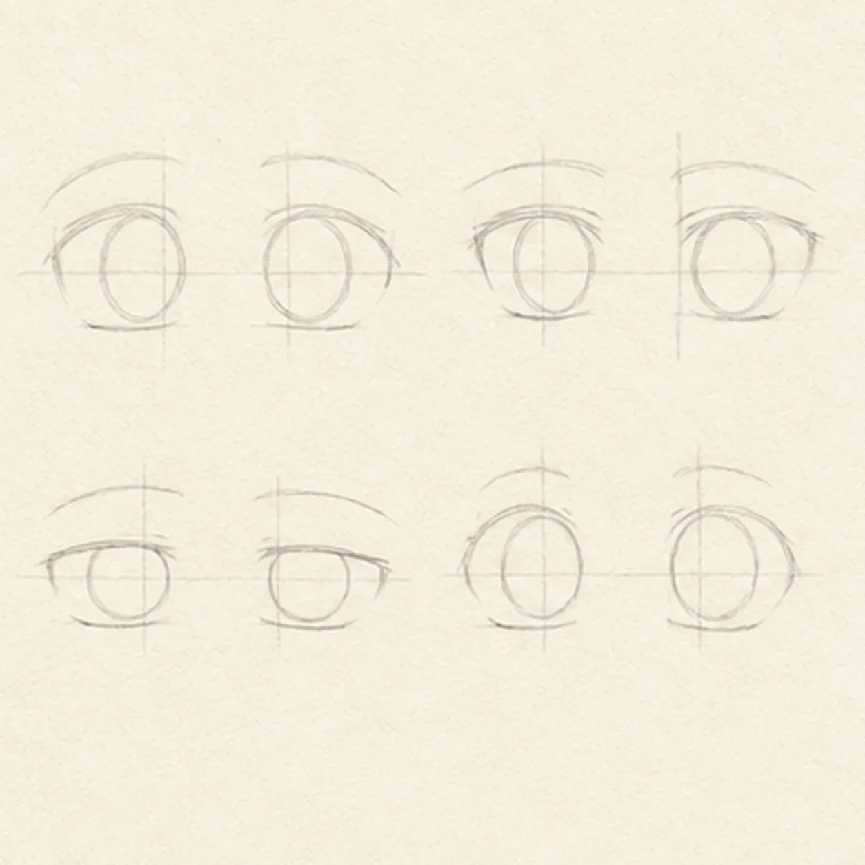 Map four eye pairs stage for how to draw a set of four anime eye pairs