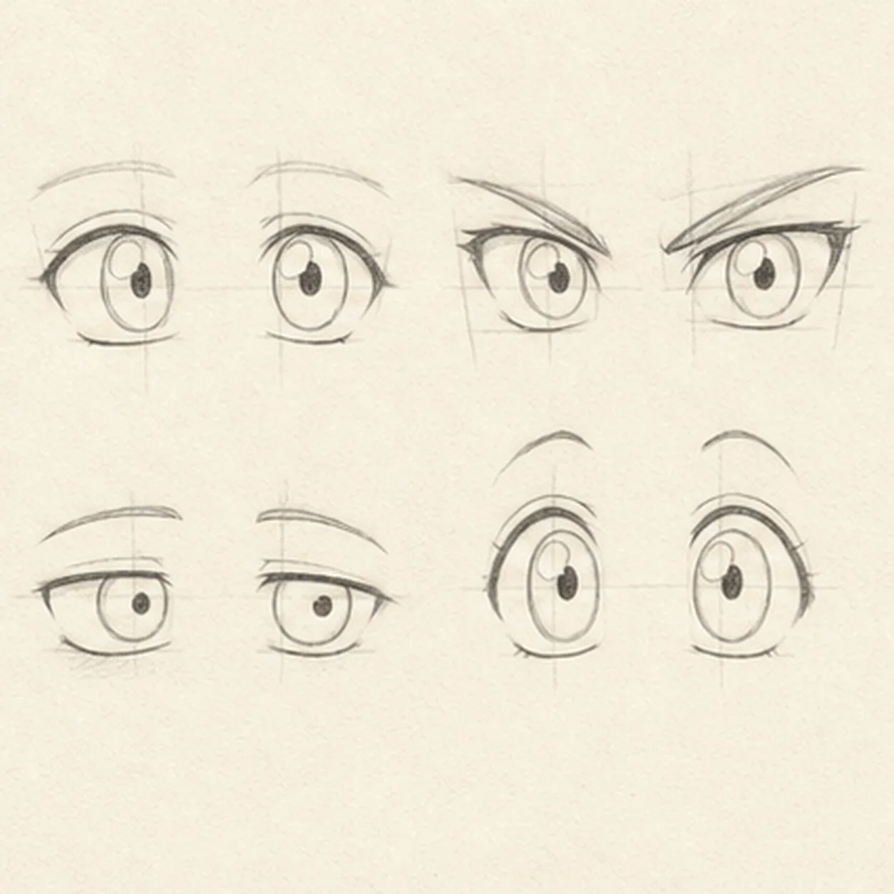 Aim pupils and highlights stage for how to draw a set of four anime eye pairs