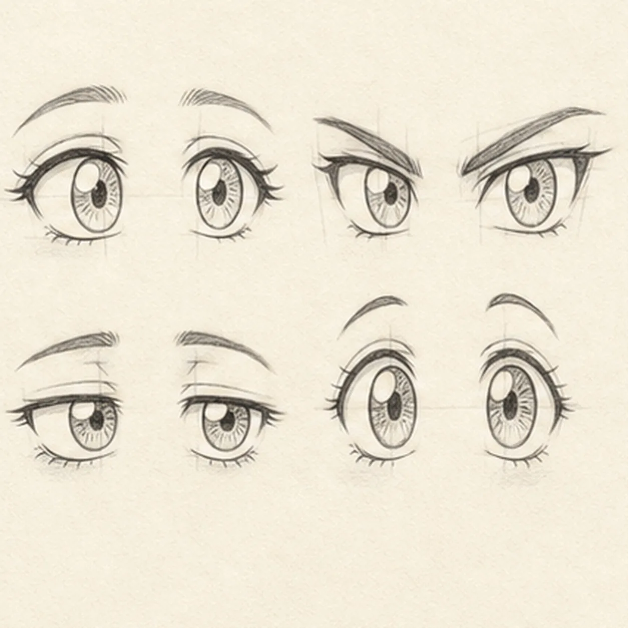 Design the iris patterns stage for how to draw a set of four anime eye pairs
