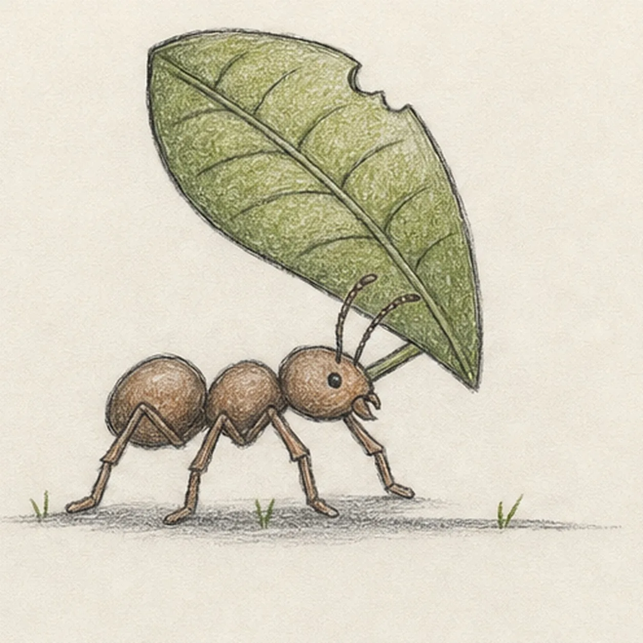 Handmade graphite and colored-pencil sketch of one small right-facing ant walking beneath one oversized moss-green leaf with a clear stem gripped in its mandibles, three warm-brown body segments, exactly six bent legs in alternating steps, two curved antennae, one tiny eye, a central leaf vein with five restrained side-vein pairs, one bite notch, a short broken ground line, three grass ticks, and small graphite contact shadows