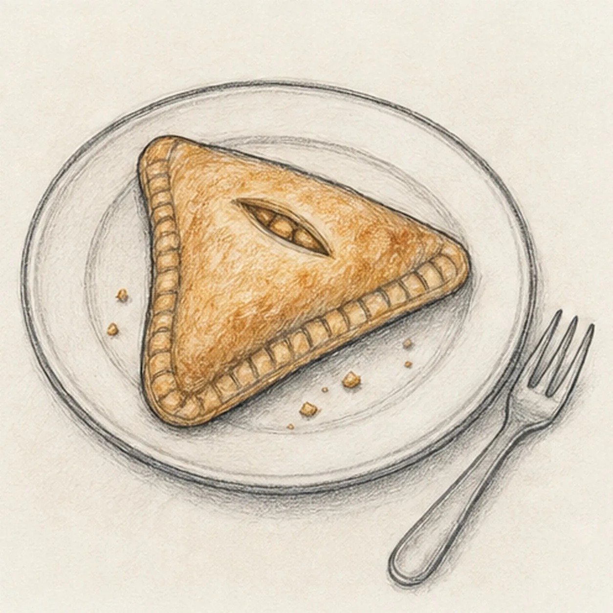 Graphite and colored-pencil sketch of a golden triangular apple turnover on a round plate with crimped edge, apple filling slit, fork, crumbs, and soft shadow