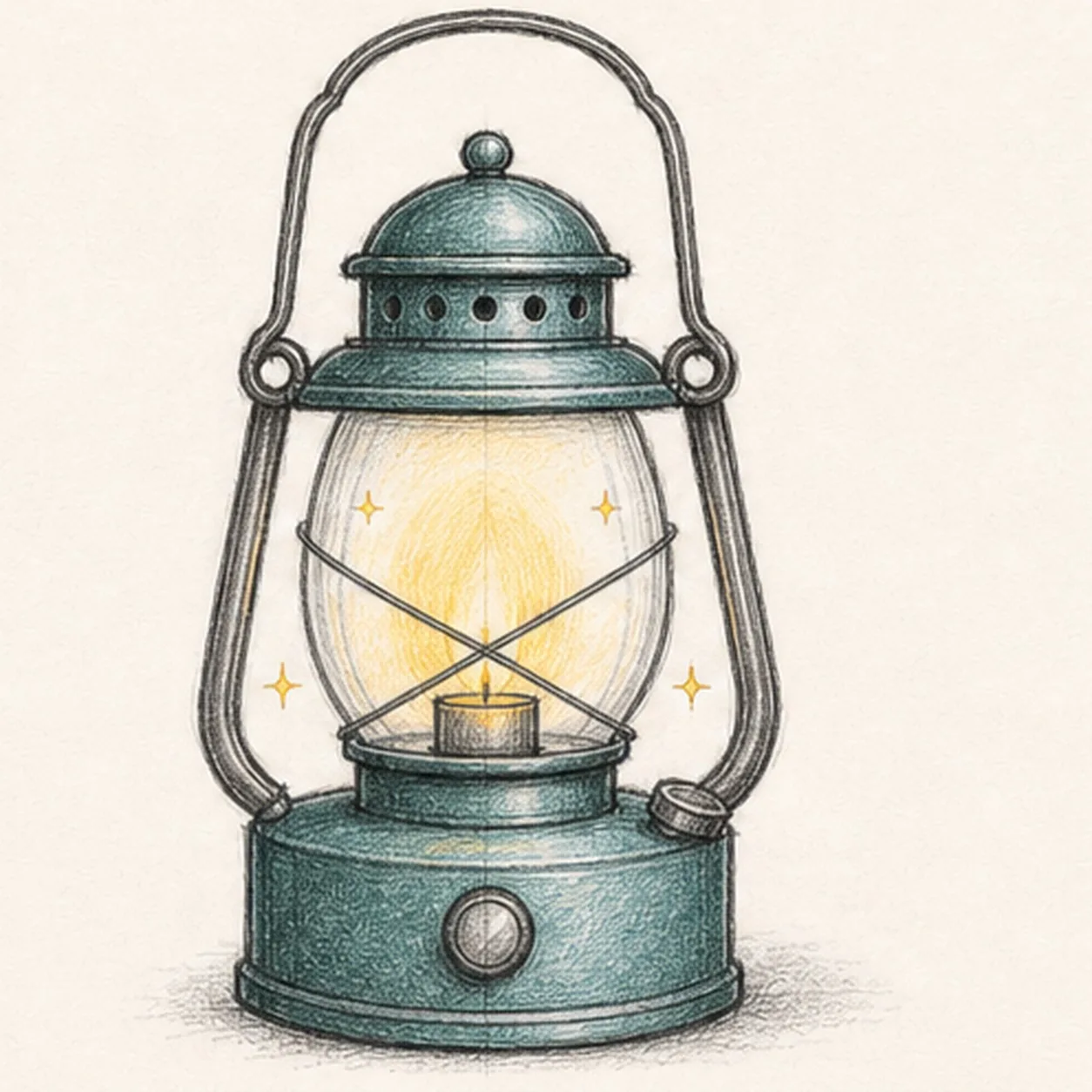 Graphite and colored-pencil sketch of an old-fashioned teal camping lantern with a glass globe, crossed wire guard, arched handle, and warm yellow glow
