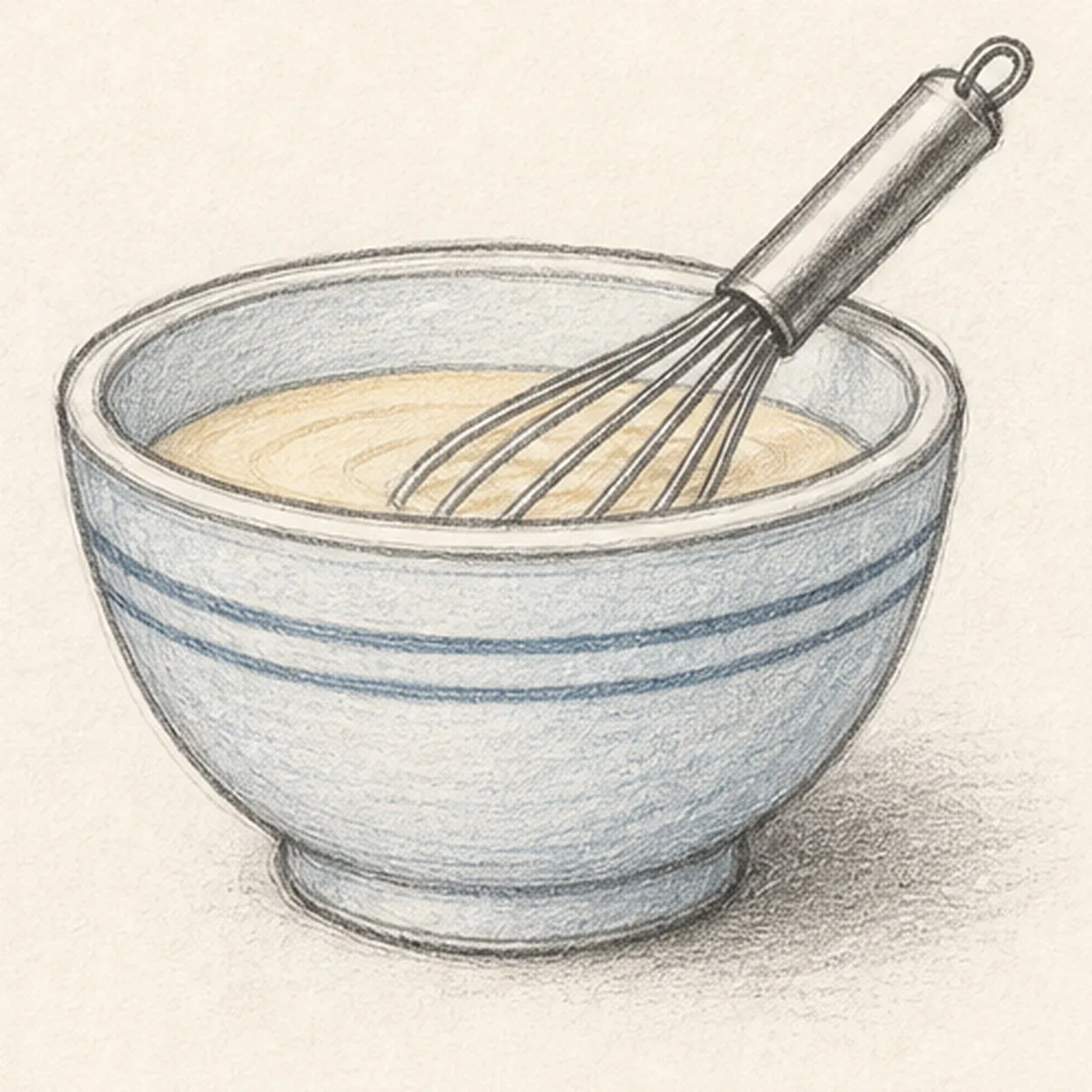 Handmade graphite and colored-pencil sketch of a three-quarter ceramic mixing bowl with pale blue bands, warm batter, an angled metal balloon whisk, small foot ring, and soft ground shadow
