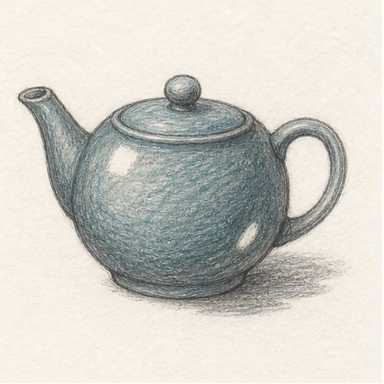 Handmade graphite and muted blue-green colored-pencil sketch of one rounded three-quarter-view ceramic teapot with one tapered spout pointing up-left, one loop handle attached behind the right side, one shallow oval foot, one fitted oval lid, one round knob, exactly two open-paper highlights, visible pencil texture, and one short broken graphite ground shadow