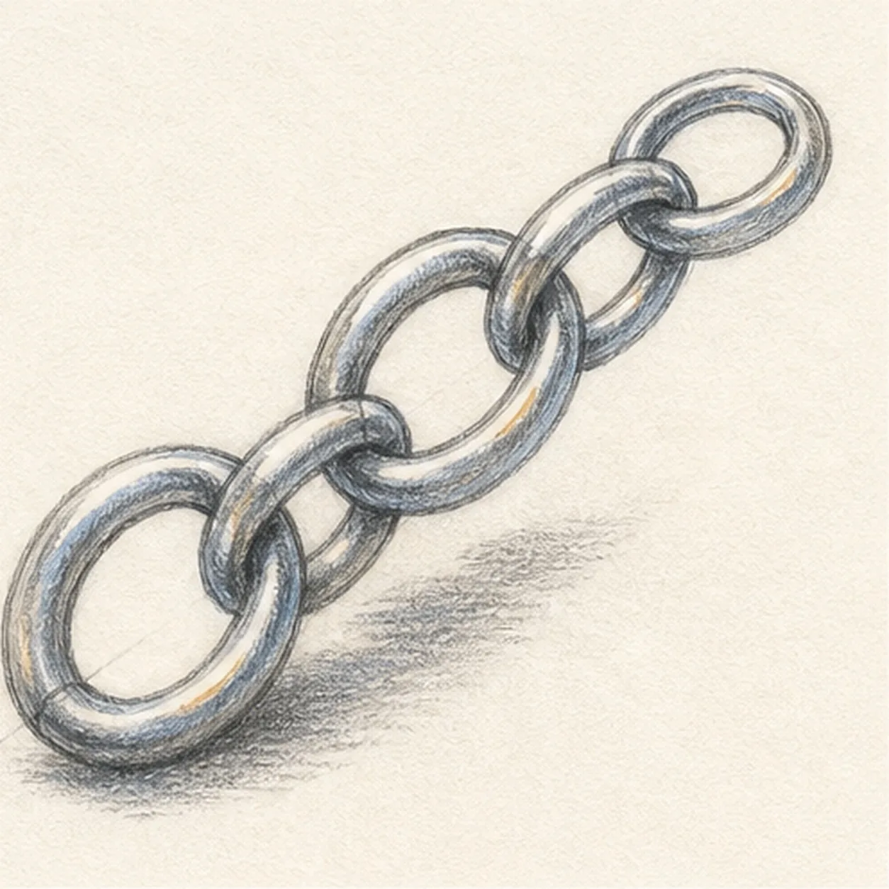 Handmade graphite and restrained colored-pencil sketch of exactly five heavy oval chain links rising diagonally, with three face-on rings, two edge-on rings, four clear over-under interlocks, five visible openings, short curved graphite hatching, cool blue-gray metal, warm-ochre reflected accents, open paper highlights, and one broken cast shadow
