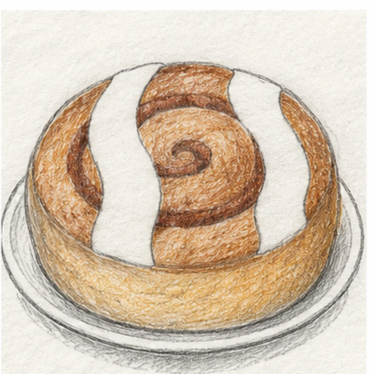 Handmade graphite and warm colored-pencil sketch of one golden cinnamon roll on a shallow plate with exactly two white icing ribbons, a brown spiral visible between them, textured pastry side, and a broken graphite shadow