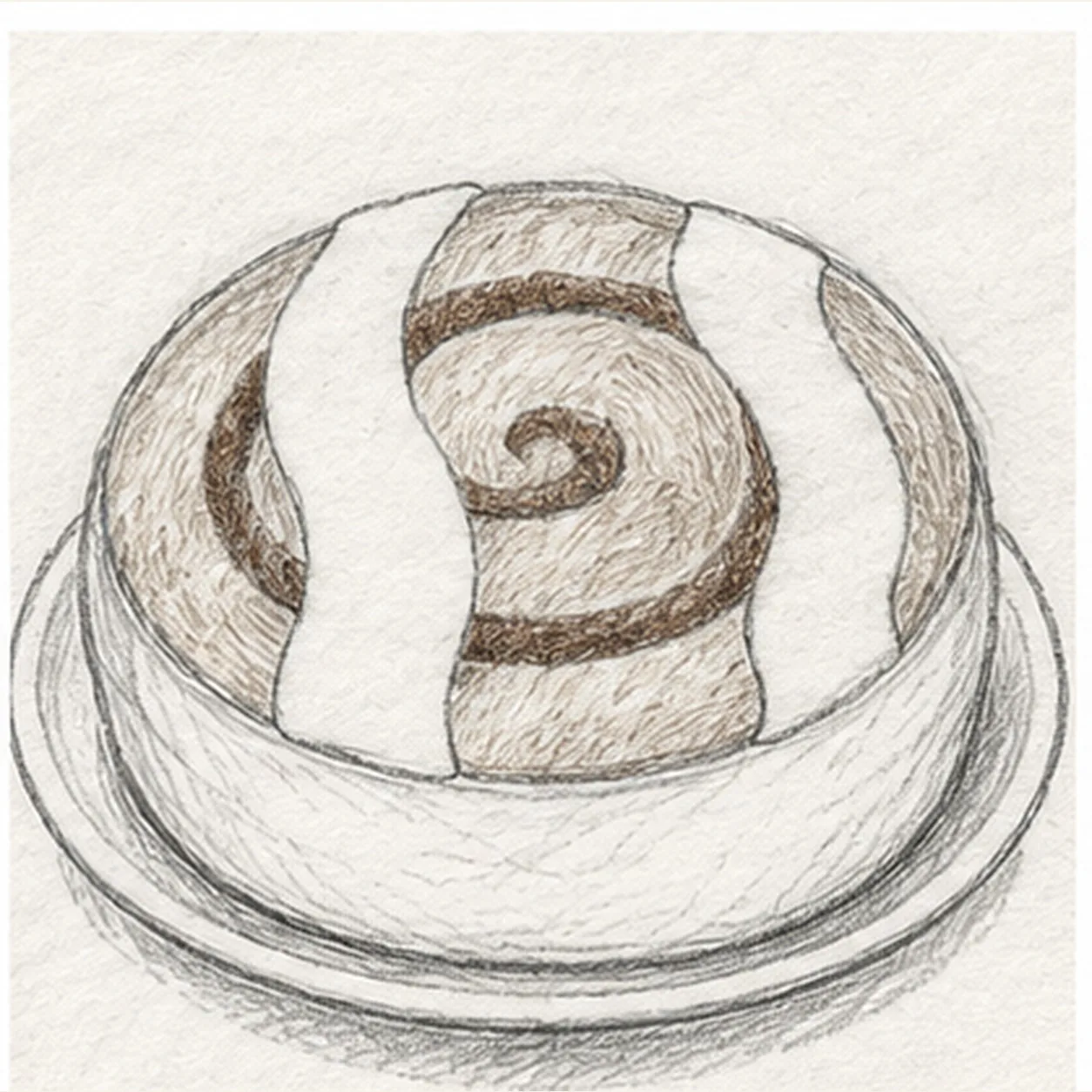 Set the roll on a plate stage for how to draw a cinnamon roll with icing