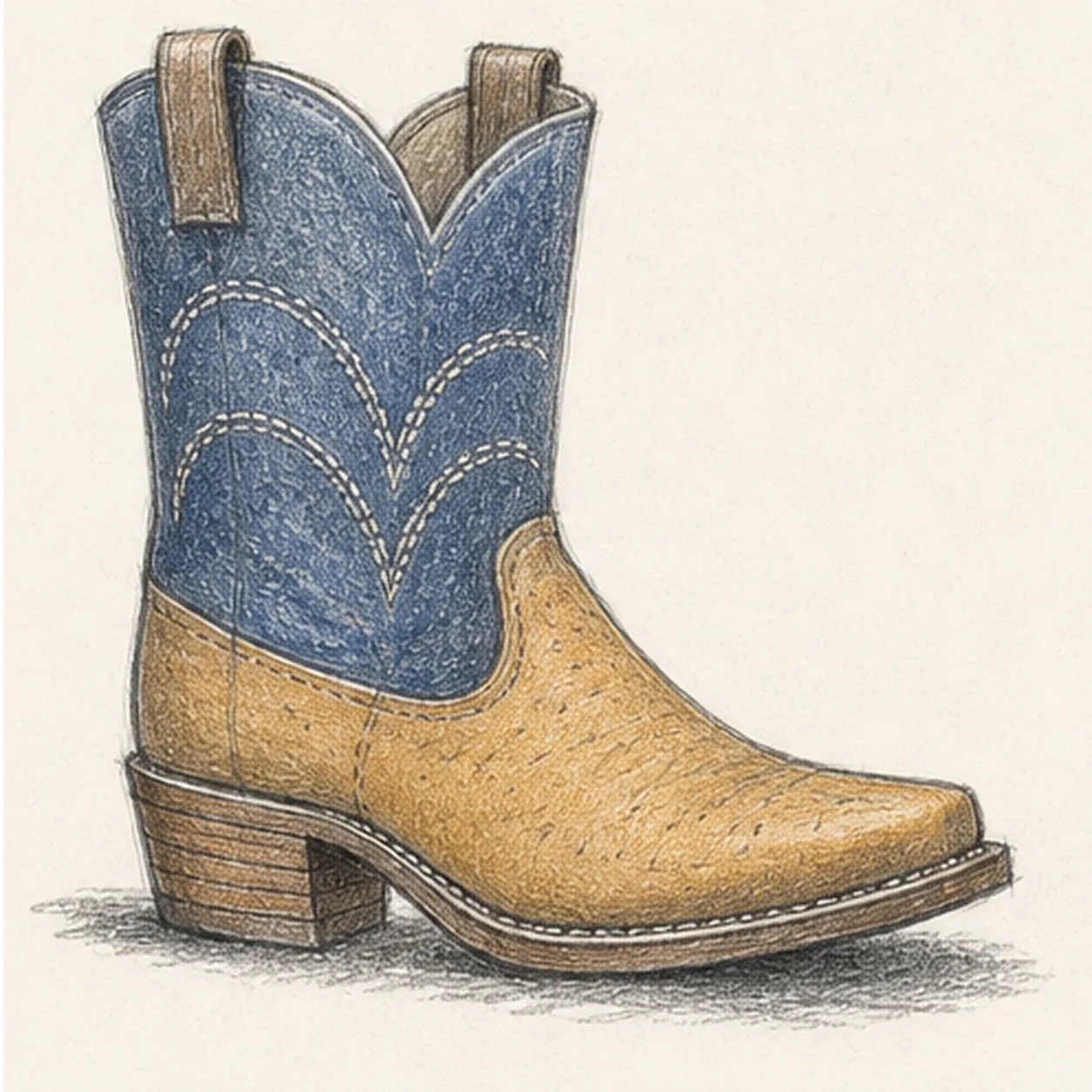 Handmade graphite and restrained colored-pencil sketch of one right-facing cowboy boot in side view with one pointed muted-ochre toe, one tall dusty-indigo shaft, one shallow V-cut opening, exactly two pull loops, one curved vamp seam, three stacked mirrored decorative stitch bands, one layered warm-brown sole, one stacked block heel, short welt marks, directional leather grain, open paper highlights, and one broken graphite ground shadow