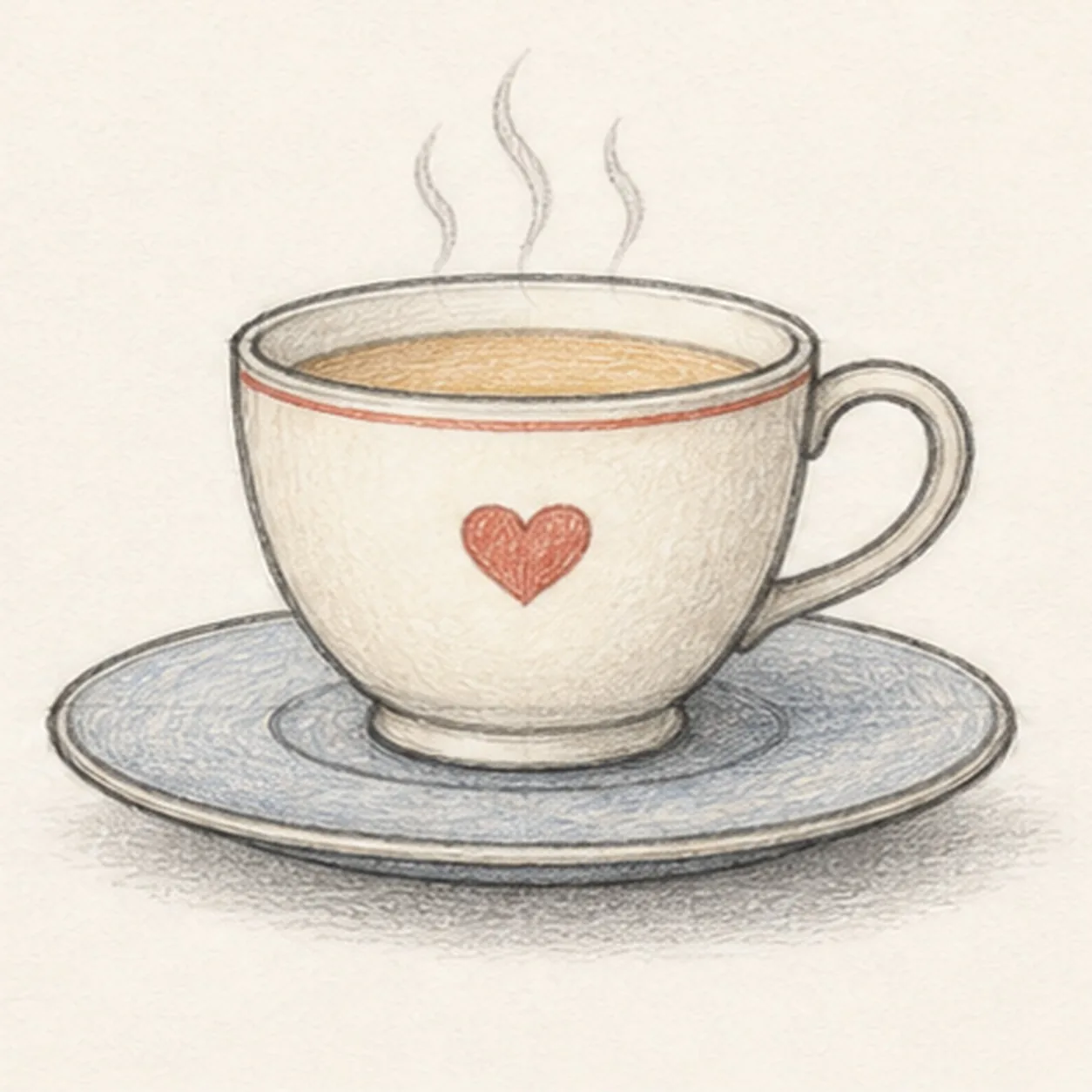 Graphite and colored-pencil sketch of a cozy teacup on a saucer with warm tea, steam, and a red heart on the cup