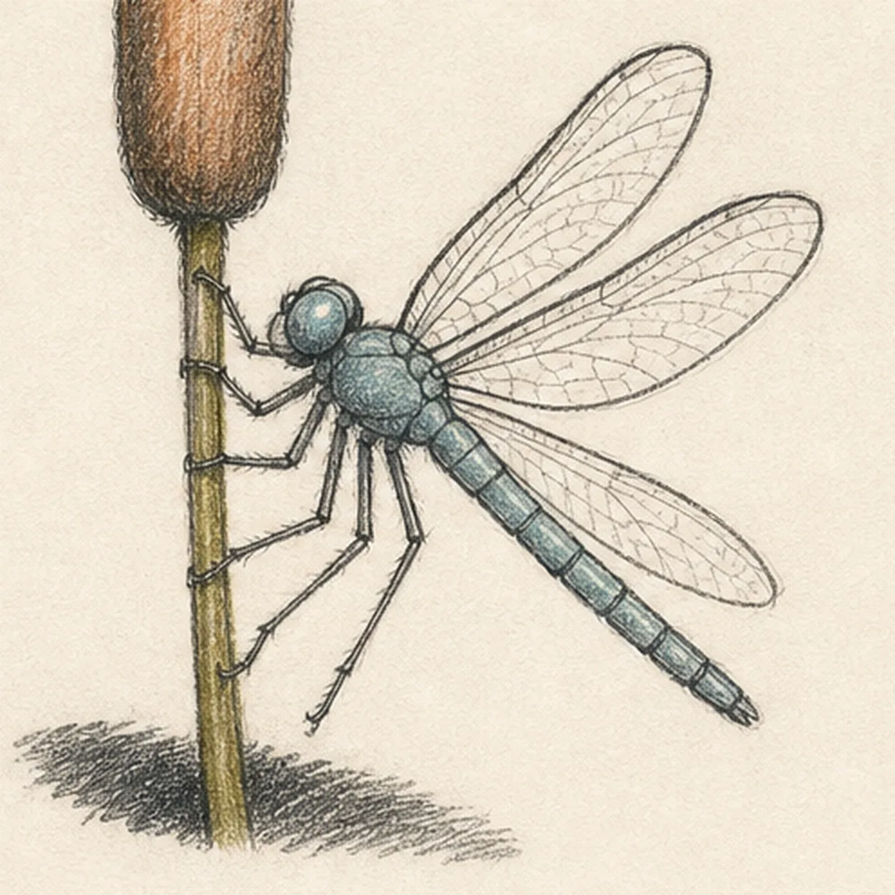 Handmade graphite and restrained colored-pencil sketch of one right-facing dragonfly perched on one vertical cattail stem, with exactly four separately visible transparent wings, exactly six bent legs including four touching the stem and two balancing below the thorax, one rounded head, one teal thorax, one tapered teal segmented abdomen, simplified wing-cell veins, one rust-brown cattail seed head, one olive stem, open paper highlights, and one broken graphite shadow