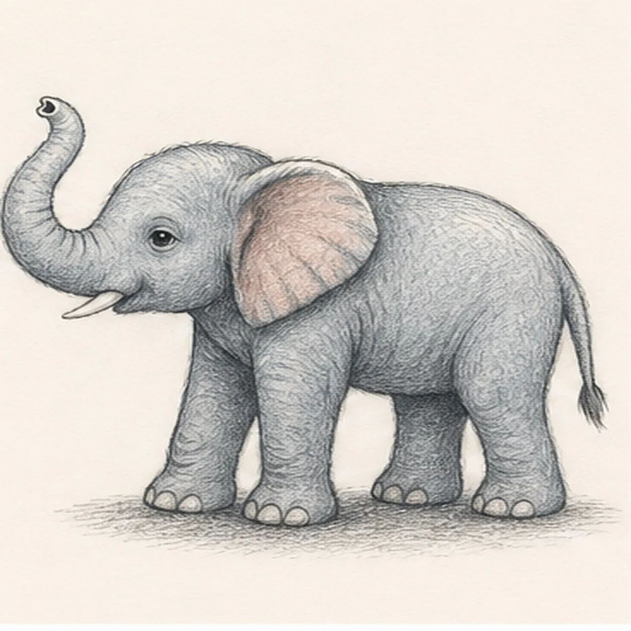Handmade graphite and restrained colored-pencil sketch of one young left-facing elephant calf with one upward-curled trunk, exactly one visible large near ear with a dusty-rose interior, exactly four sturdy legs with rounded feet and simple toenail marks, one gentle visible eye, one small visible tusk, one trunk opening, one slim tufted tail, sparse skin folds, layered blue-gray pencil and graphite texture, open-paper highlights, and one broken graphite ground shadow