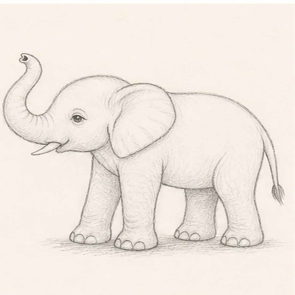 Place the gentle face and feet stage for how to draw an elephant calf