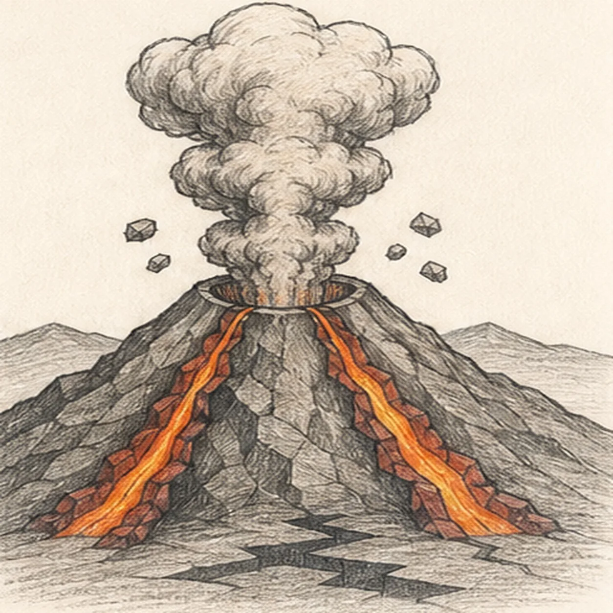 Handmade graphite and restrained colored-pencil sketch of one broad erupting volcano with an open centered crater, one three-tier warm-gray ash plume, exactly two orange-yellow lava streams, exactly five small flying rocks, two low background ridges, angular rock hatching, visible paper tooth, and one broken cool-gray foreground shadow