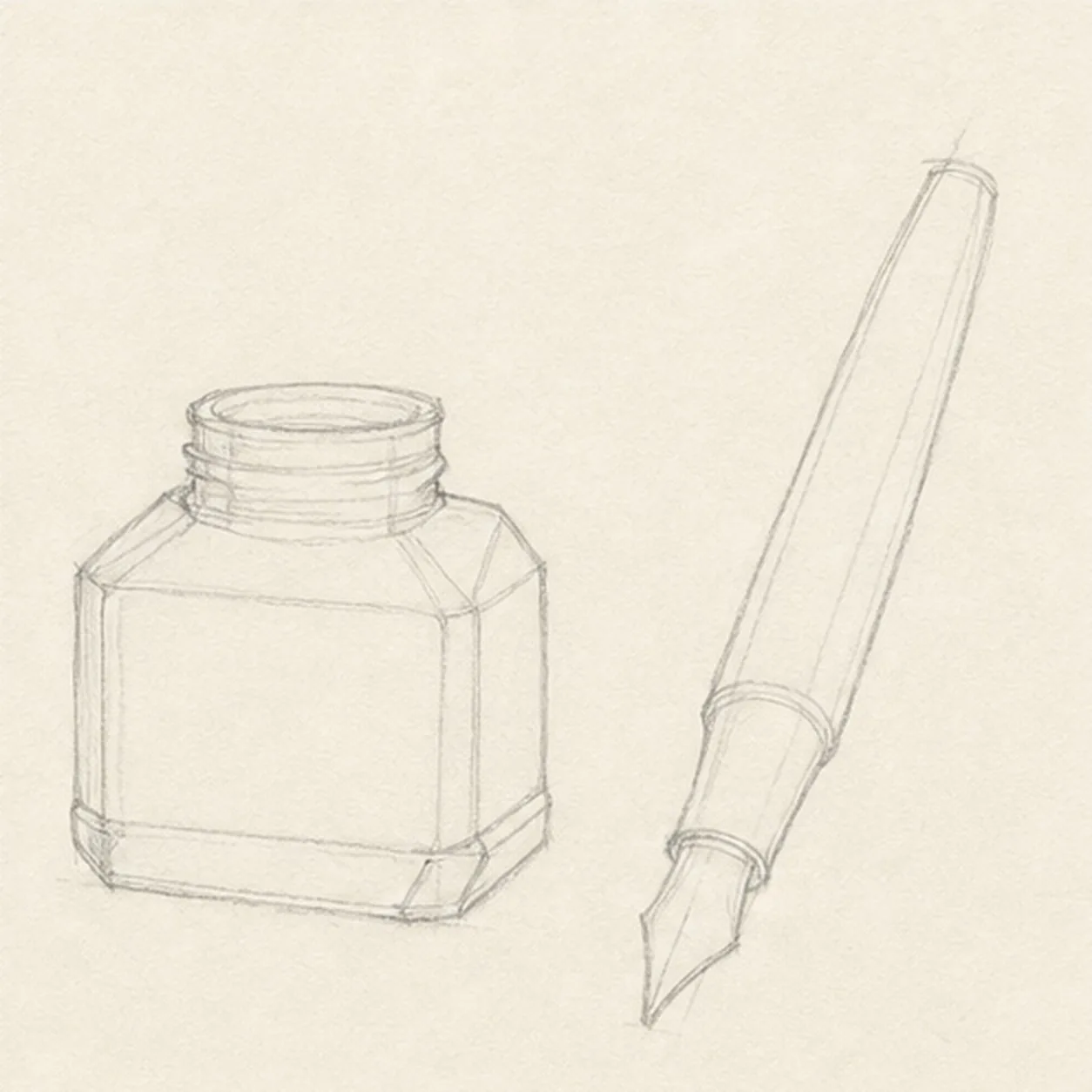 Shape the glass and pen stage for how to draw a fountain pen and ink bottle