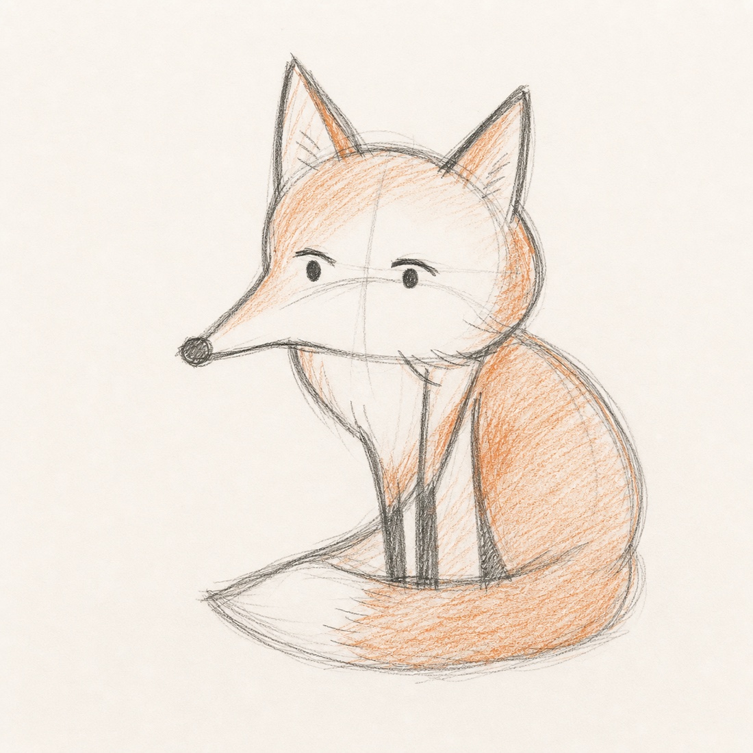 Loose graphite and orange-pencil sketch of a seated fox with visible construction lines