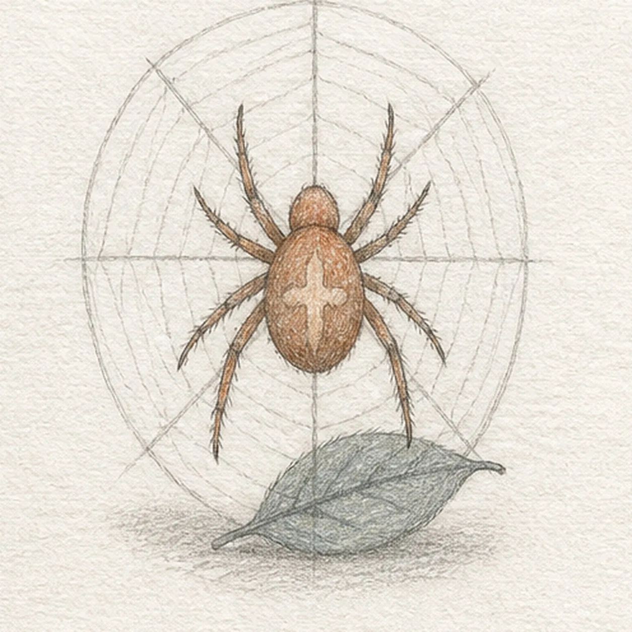 Handmade graphite and restrained colored-pencil sketch of one centered rust garden spider with a small head, oval abdomen, exactly eight bent legs, one pale abdomen cross, on one oval radial web with eight spoke routes and a loose spiral, plus one muted gray-green leaf and soft graphite shadow