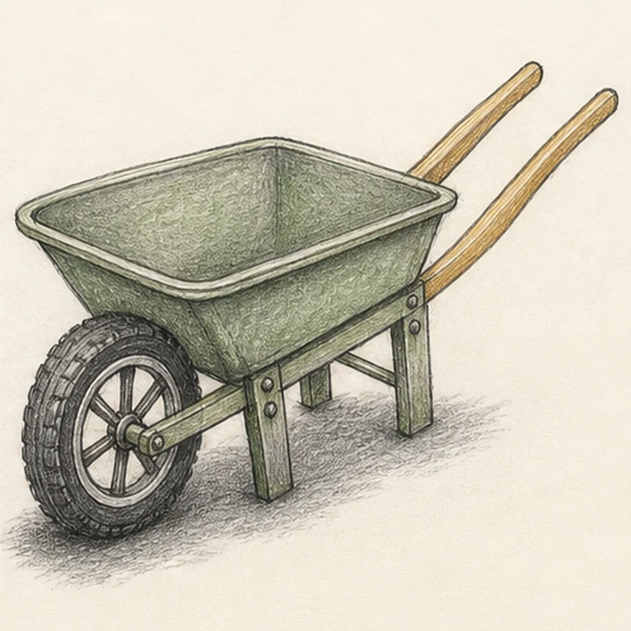 Handmade graphite and colored-pencil sketch of one empty garden wheelbarrow in three-quarter view with a sage-green tilted tray and doubled rim, exactly one dark treaded tire, a centered hub with exactly six spokes, exactly two long warm-ochre wooden handles, exactly two planted support legs, two visible cross braces, four small mounting bolts, warm paper highlights, and one broken graphite cast shadow