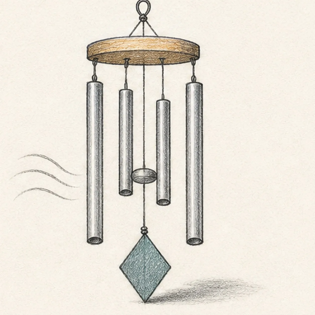 Handmade graphite and colored-pencil sketch of hanging wind chimes with a round warm-ochre wooden cap, top loop, exactly four separated silver-gray metal tubes at staggered lengths, four suspension strings, central round clapper, muted-teal diamond wind sail, four dark tube openings, three breeze arcs, paper highlights, and soft cast shadow
