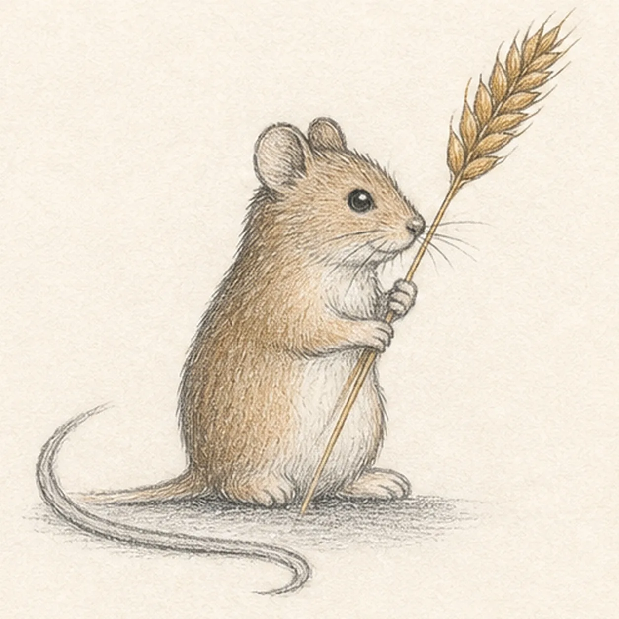Handmade graphite and restrained colored-pencil sketch of one right-facing warm-brown harvest mouse with exactly two rounded ears, one bright eye, two small paws, and one long curling tail, holding one curved golden wheat stalk with a narrow grain head above a short cool-gray ground shadow