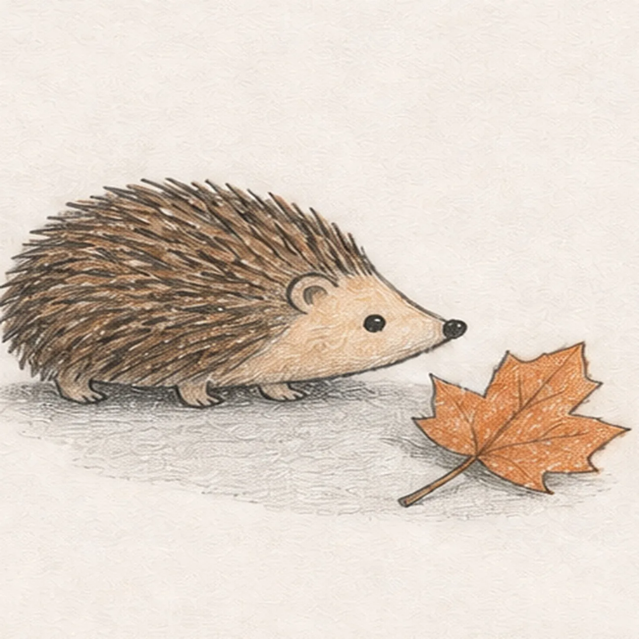 Handmade graphite and restrained colored-pencil sketch of one right-facing low hedgehog with one rounded warm-brown spiny back, one pale-tan pointed face, exactly three short visible feet with the far rear foot hidden, one rounded ear, one bright eye, one dark nose, grouped backward-pointing spines, one muted-orange fallen maple leaf with exactly five broad lobes and one short stem, visible paper tooth, and one broken cool-gray ground shadow