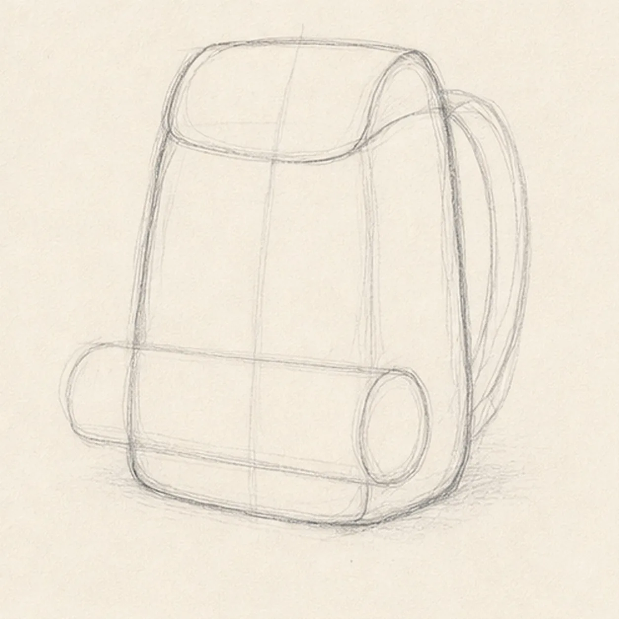Shape the pack silhouette stage for how to draw a hiking backpack and rolled blanket