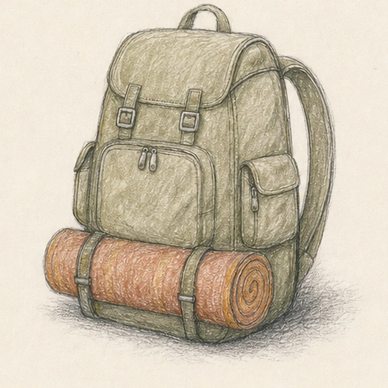 Show canvas, wool, and weight stage for how to draw a hiking backpack and rolled blanket