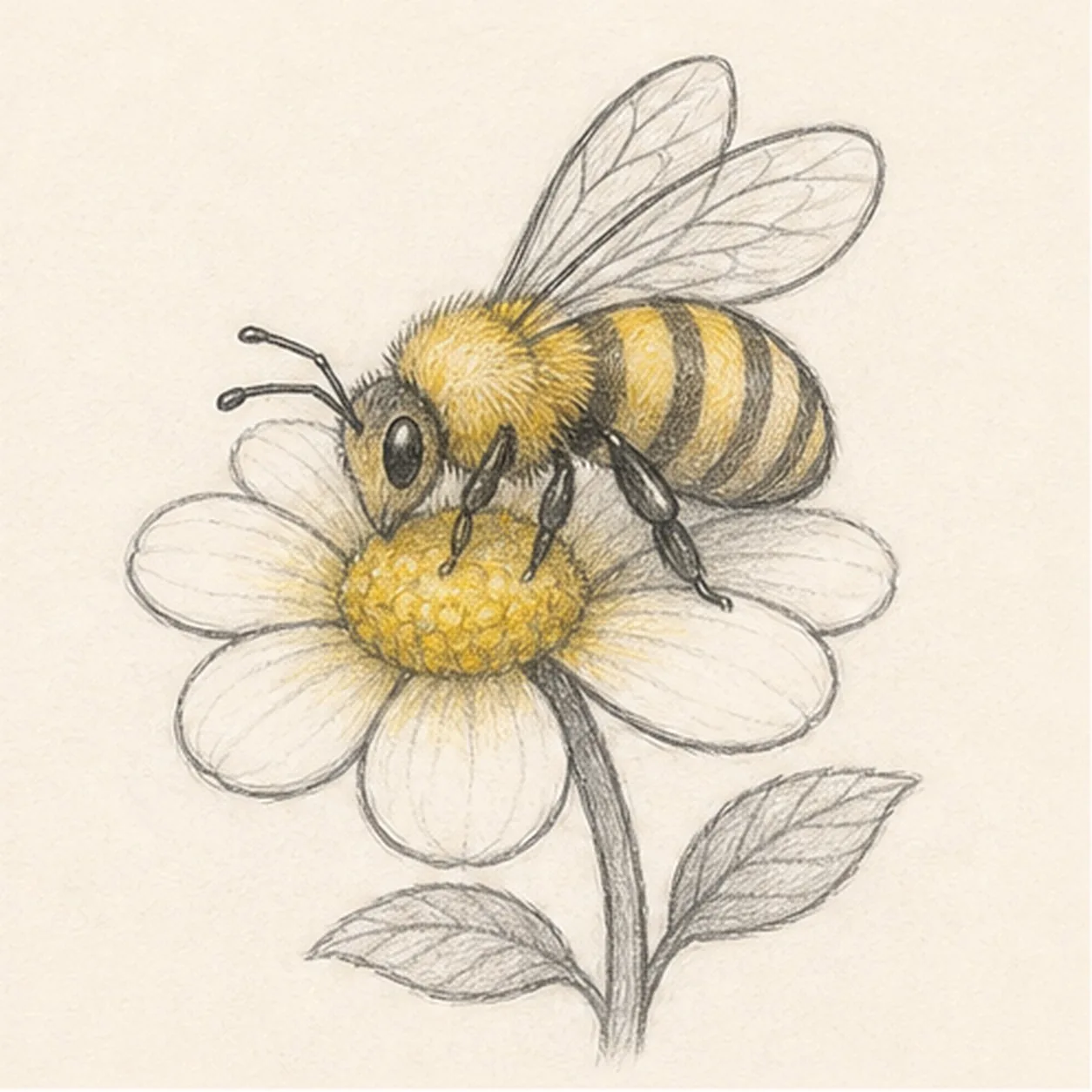 Graphite and yellow colored-pencil sketch of a honeybee with wings and stripes resting on a flower with petals, stem, leaves, and soft shading