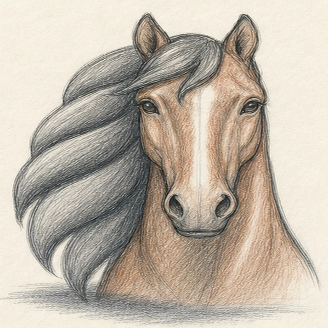 Handmade graphite and restrained chestnut colored-pencil sketch of one calm near-front horse head with a long tapered muzzle, two upright ears, two almond eyes, two nostrils, one mouth seam, a small forelock, four broad dark mane locks swept to the viewer's left, cropped neck, paper highlights, and one broken blue-gray graphite shadow