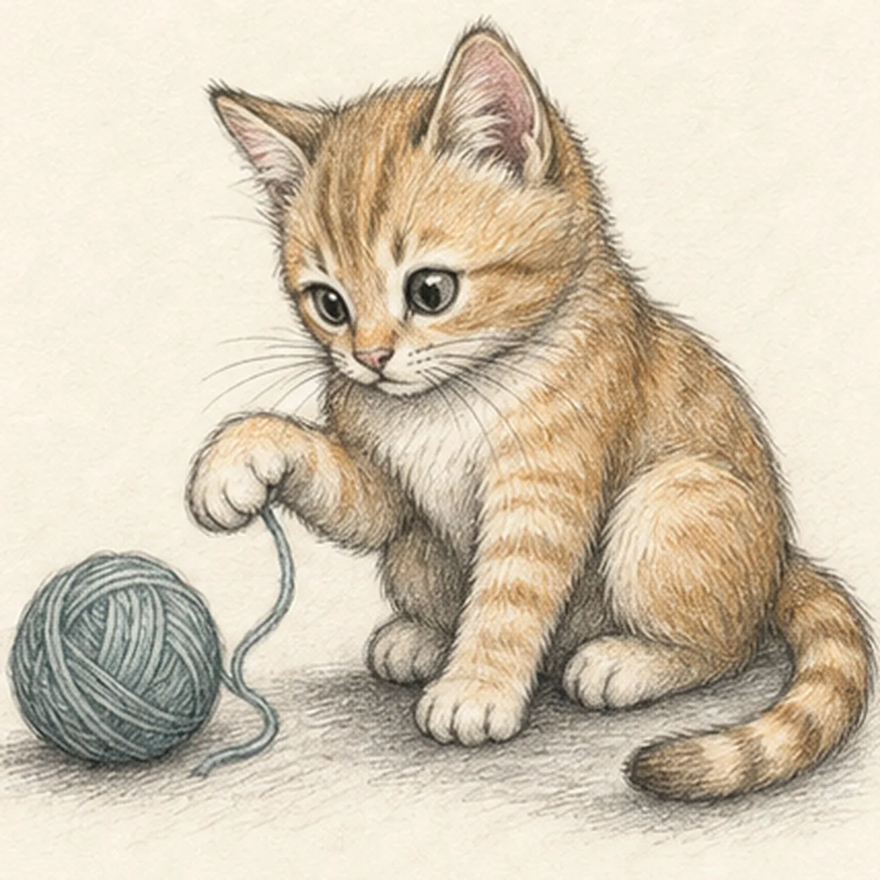 Handmade graphite and restrained colored-pencil sketch of one warm-ginger kitten seated in a three-quarter pose facing page left with exactly two triangular ears, two wide eyes focused on one dusty-teal yarn ball, one front paw raised over one loose strand, one front paw planted, two folded hind haunches, one curled tail with three broad tabby bands and a darker tip, three forehead stripes, sparse whiskers, tactile directional fur hatching, rose ear interiors and nose, open paper highlights, and one broken warm-gray ground shadow