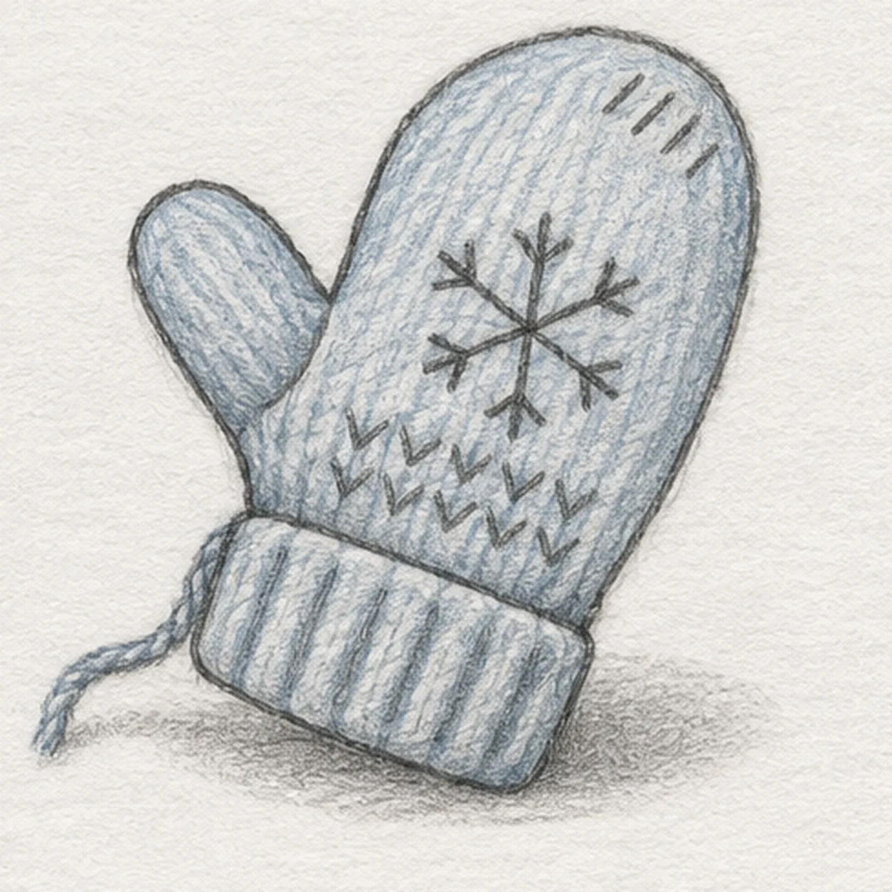 Handmade graphite and pale blue-gray colored-pencil sketch of one tilted knitted mitten with left thumb, six cuff ribs, a six-arm snowflake on the palm, two rows of V stitches, four fingertip dashes, loose yarn tail and broken ground shadow