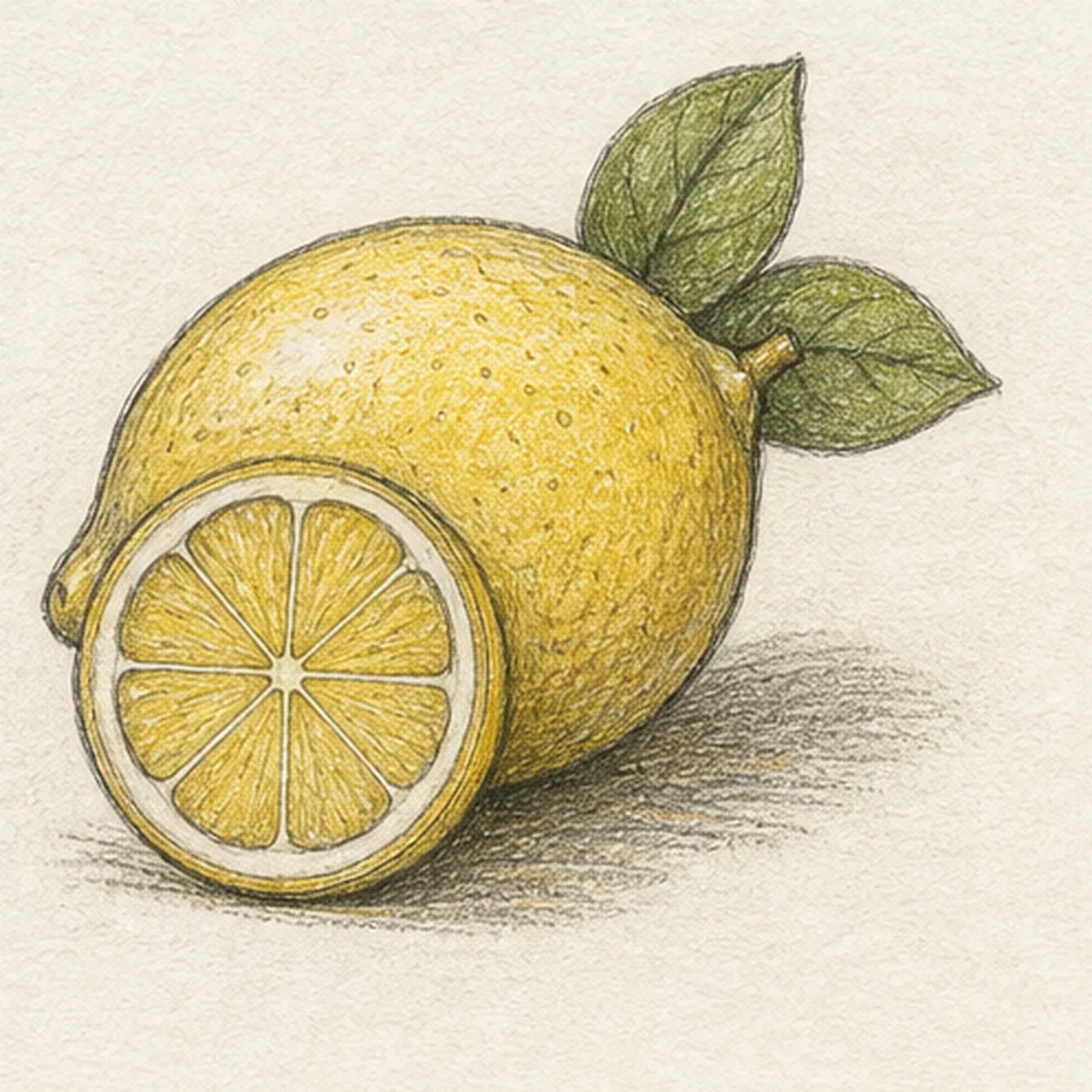 Handmade graphite and restrained colored-pencil sketch of one whole golden-yellow lemon resting on a shallow diagonal with exactly one cut slice leaning against its lower-left side, one short warm-brown stem, exactly two olive-green leaves with simple veins, exactly eight yellow citrus segments inside a doubled rind, sparse peel dimples, curved graphite hatching, open paper highlights, and one broken warm-gray graphite ground shadow