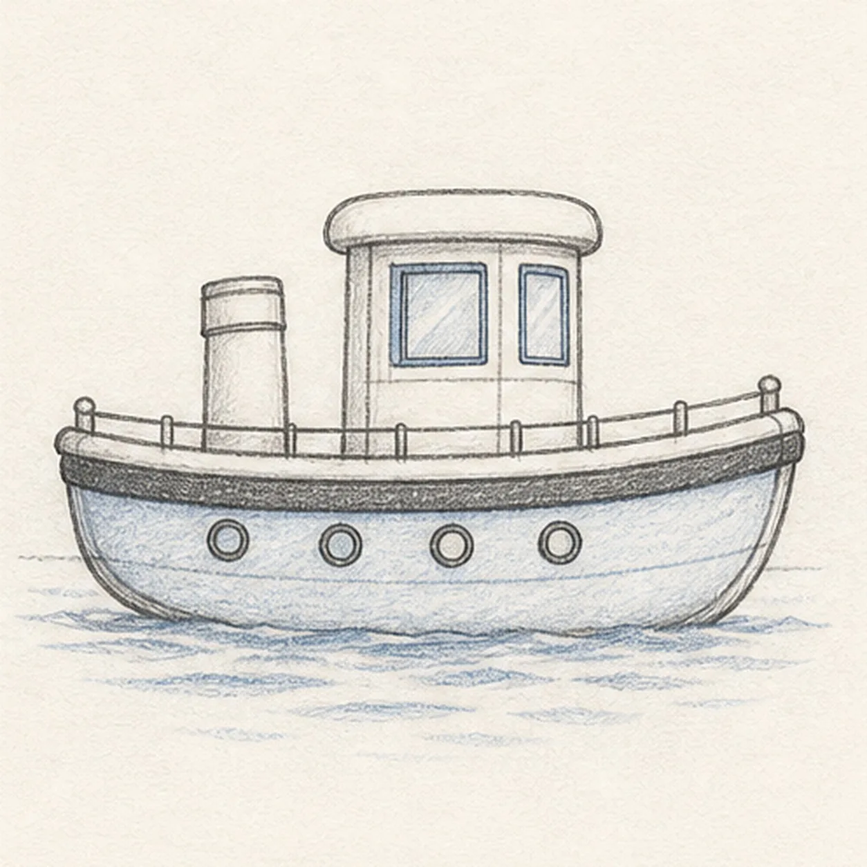 Place rails, ripples, and color stage for how to draw a little tugboat