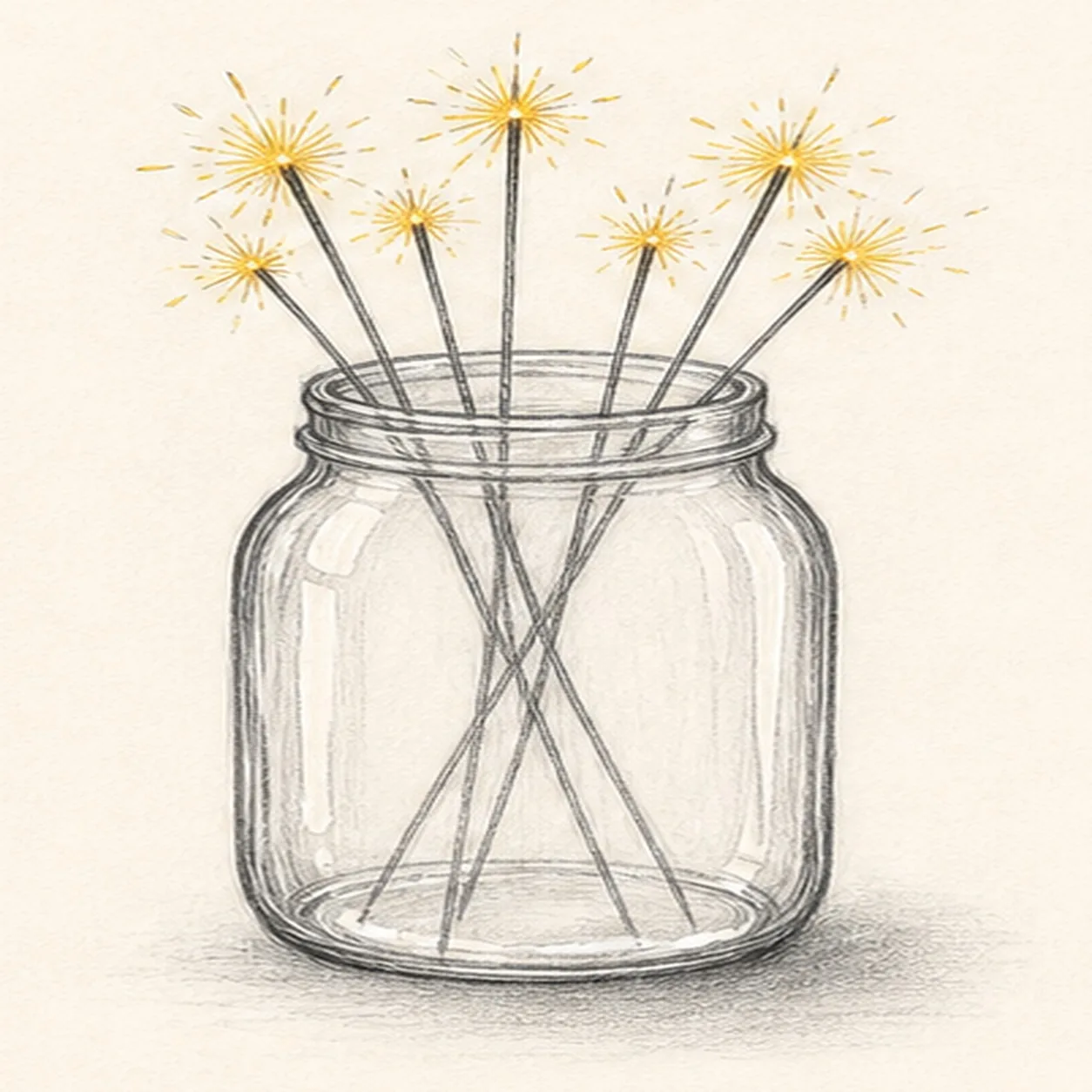 Graphite and colored-pencil sketch of a mason jar holding crossed sparklers with threaded glass rim, bright yellow spark bursts, glass highlights, and soft cast shadow