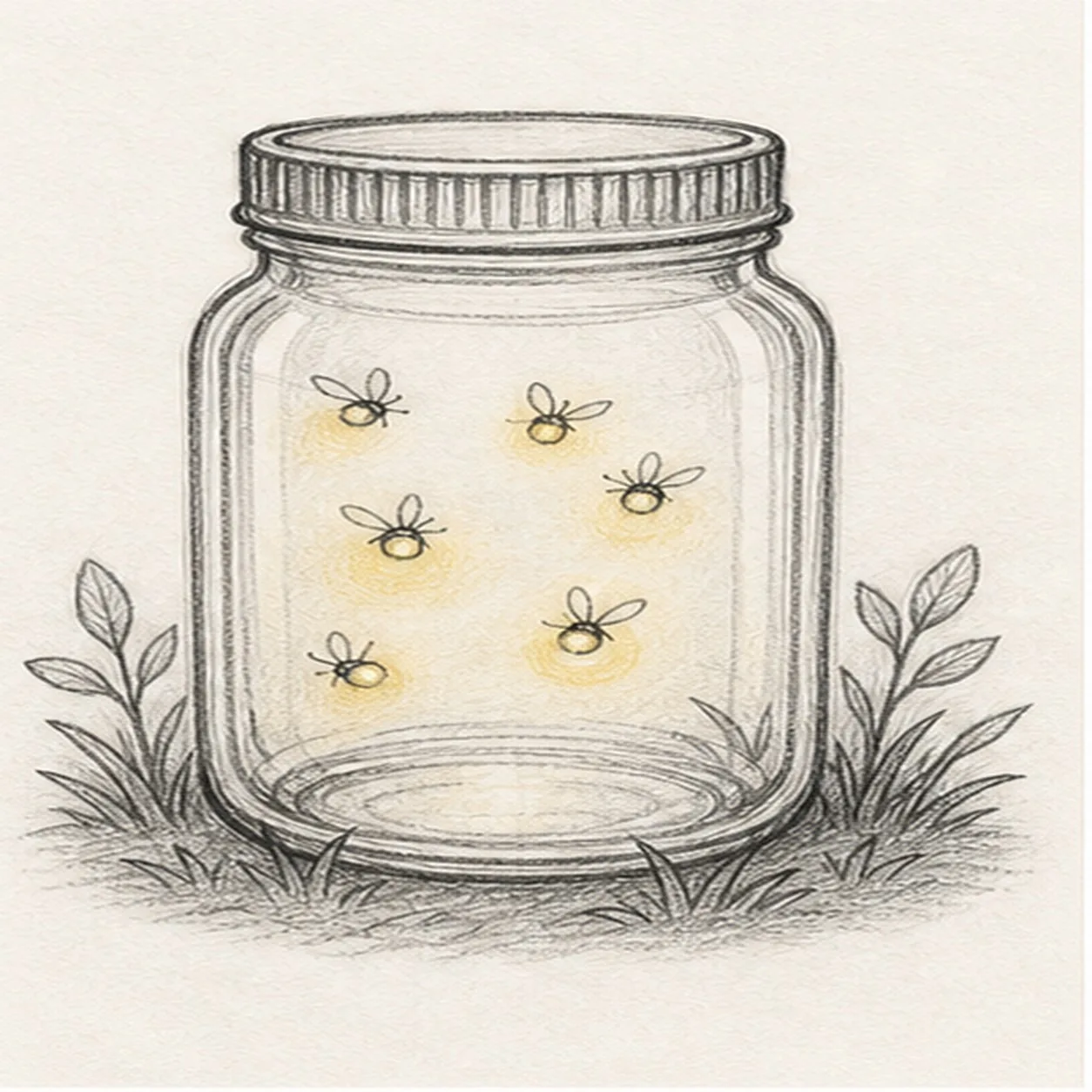 Graphite and colored-pencil sketch of a mason jar with ribbed lid, transparent glass lines, tiny fireflies, soft yellow glow, grass sprigs, and light shading