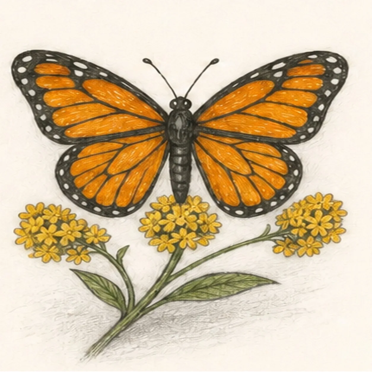 Handmade graphite and restrained colored-pencil sketch of one top-view monarch butterfly with exactly two broad orange forewings, two rounded orange hindwings, black-brown borders, pale edge spots, one centered dark body, two antennae, and one muted-green goldenrod spray with exactly three golden-yellow flower clusters and two narrow leaves