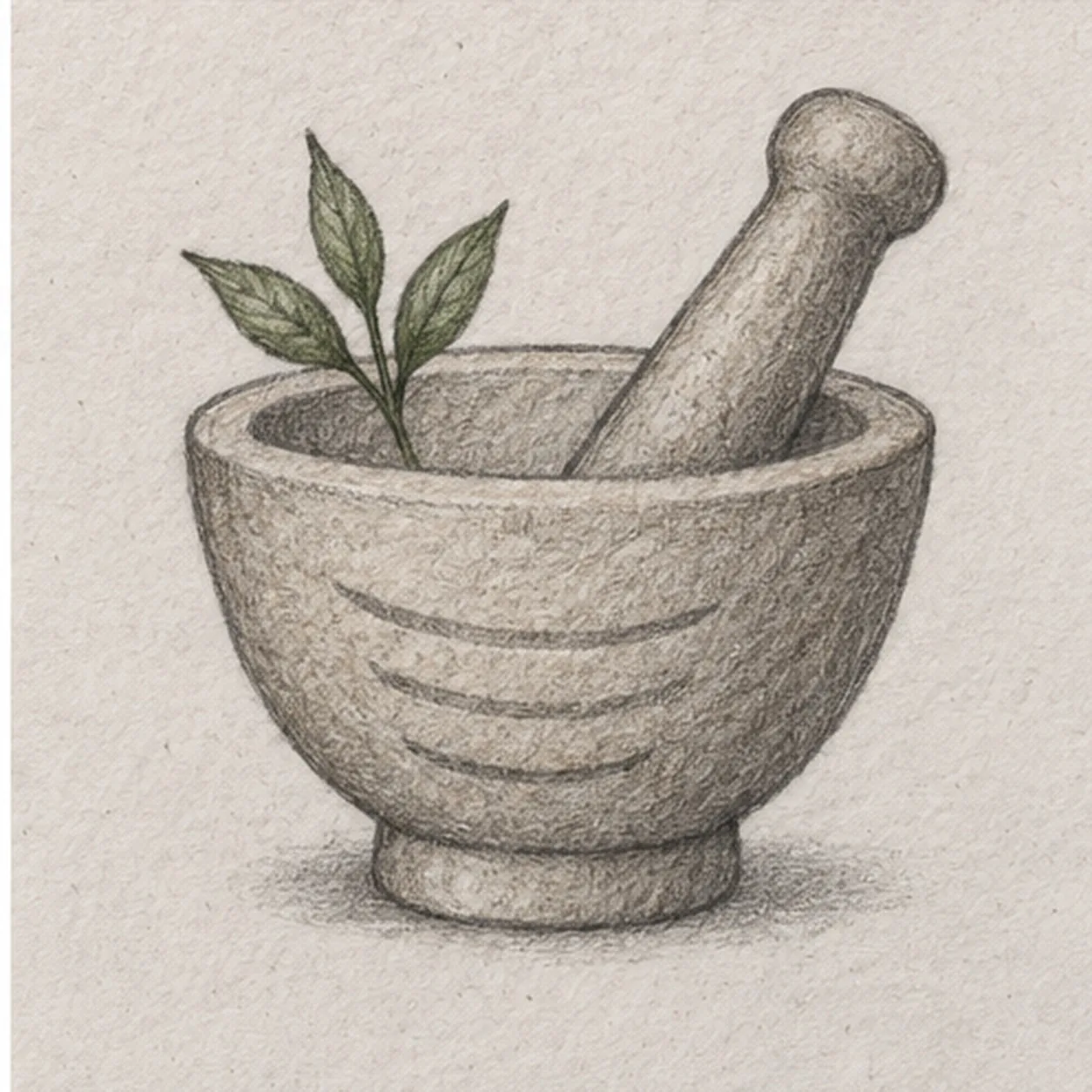Handmade graphite and restrained colored-pencil sketch of a wide stone mortar with an oval rim, centered low foot, one pestle leaning up to the right from the bowl opening, a left-side herb sprig with exactly three muted-green leaves, three curved bowl grooves, and a broken shadow under the foot
