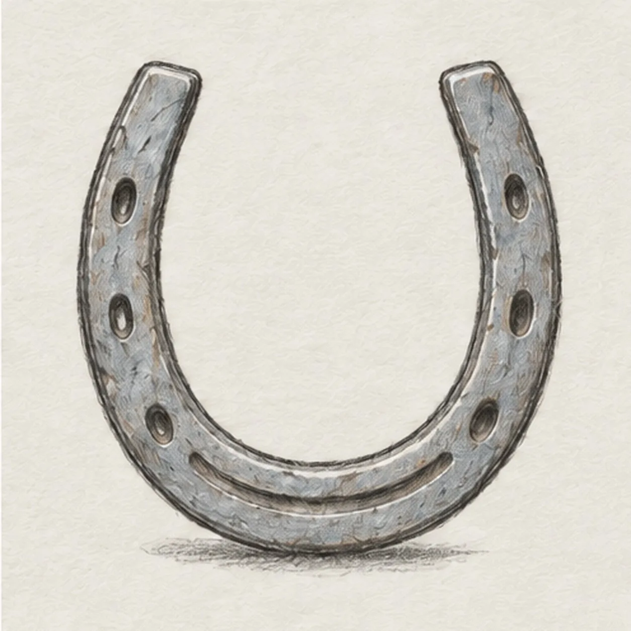 Handmade graphite and cool-gray colored-pencil sketch of one upright old iron horseshoe with two open blunt ends, one thick U-shaped band, exactly six oval nail holes with three on each arm, one shallow curved toe groove, sparse worn-metal hatches, tiny warm-brown rust touches, visible paper tooth, and one short broken graphite shadow beneath the toe