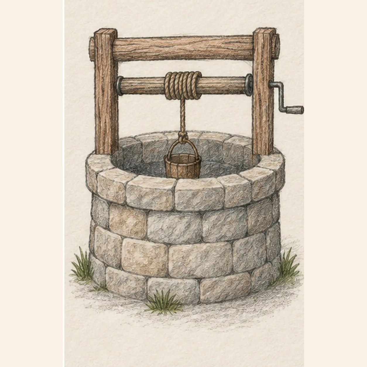 Handmade graphite and restrained colored-pencil sketch of one old circular stone well in three-quarter view with one wide block rim, four staggered masonry courses, exactly two upright brown timber posts, one brown top crossbeam, one horizontal spindle with wrapped rope, one right-side crank, one centered rope attached to one small wooden bucket hanging inside the dark opening, exactly three muted-green grass tufts, warm-gray stones, visible paper tooth, and one broken cool-gray ground shadow