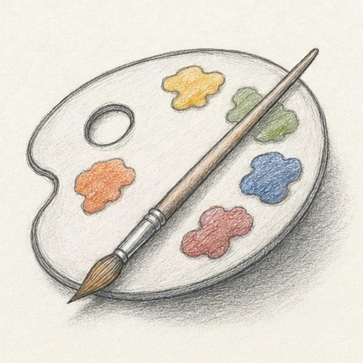 Graphite and colored-pencil sketch of a tilted paint palette with a thumb hole, colorful paint dabs, a diagonal brush, and a soft shadow