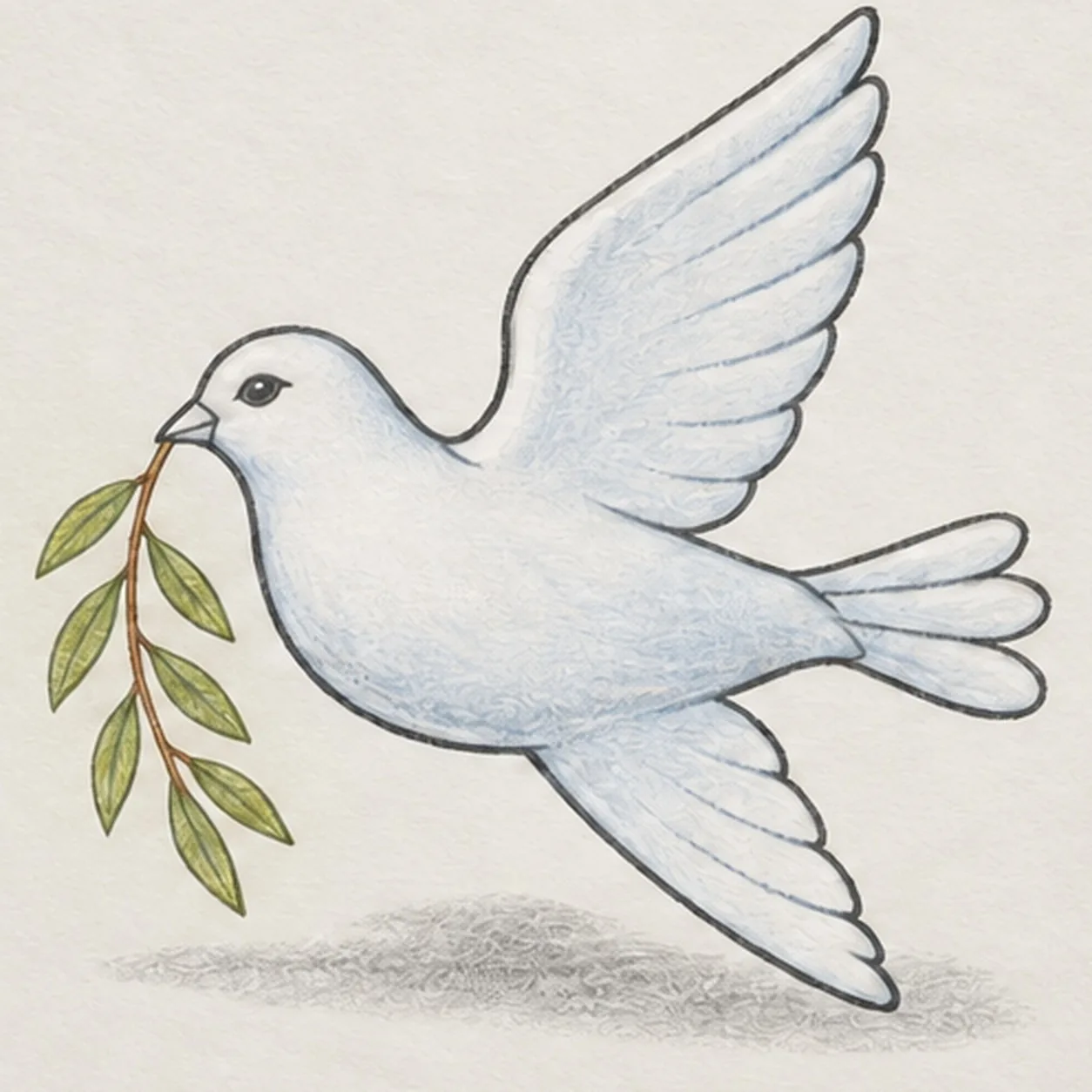 Handmade graphite and restrained colored-pencil sketch of one left-facing peace dove in flight with one broad raised near wing divided into five long feather groups, one narrower lower far wing divided into three groups, exactly three tail feathers, one calm almond eye, one short beak holding one curved warm-brown olive twig with exactly seven muted-olive leaves, pale blue-gray body color, open-paper highlights, visible paper tooth, and one broken graphite shadow beneath the flight path