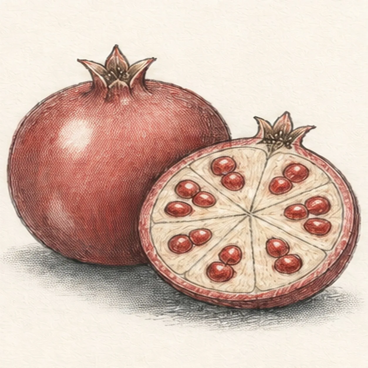 Handmade graphite and restrained colored-pencil sketch of one upright muted-crimson whole pomegranate partly behind one round cut pomegranate half with two five-point crowns, one thick warm-cream rind ring, exactly six pale membrane wedges, exactly twelve ruby seed ovals arranged two per wedge, two open-paper peel highlights, visible pencil texture, and one broken cool-gray ground shadow