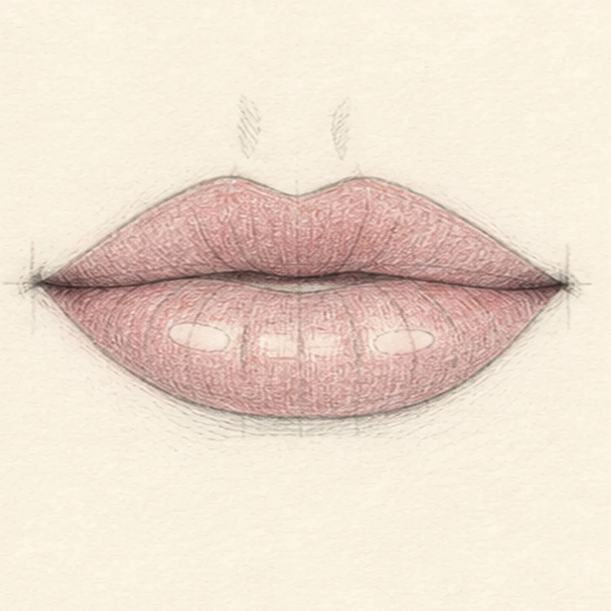 Handmade graphite and restrained colored-pencil study of one centered front-view pair of full pouty lips with one soft cupid's bow, one continuous mouth seam, one narrow shaded opening with no teeth, restrained upper- and lower-lip crease groups, tactile directional graphite hatching, dusty-rose color, muted-plum depth at the opening and corners, two oval open-paper highlights plus one broken center paper glow, two light philtrum accents, visible construction traces, and warm paper tooth