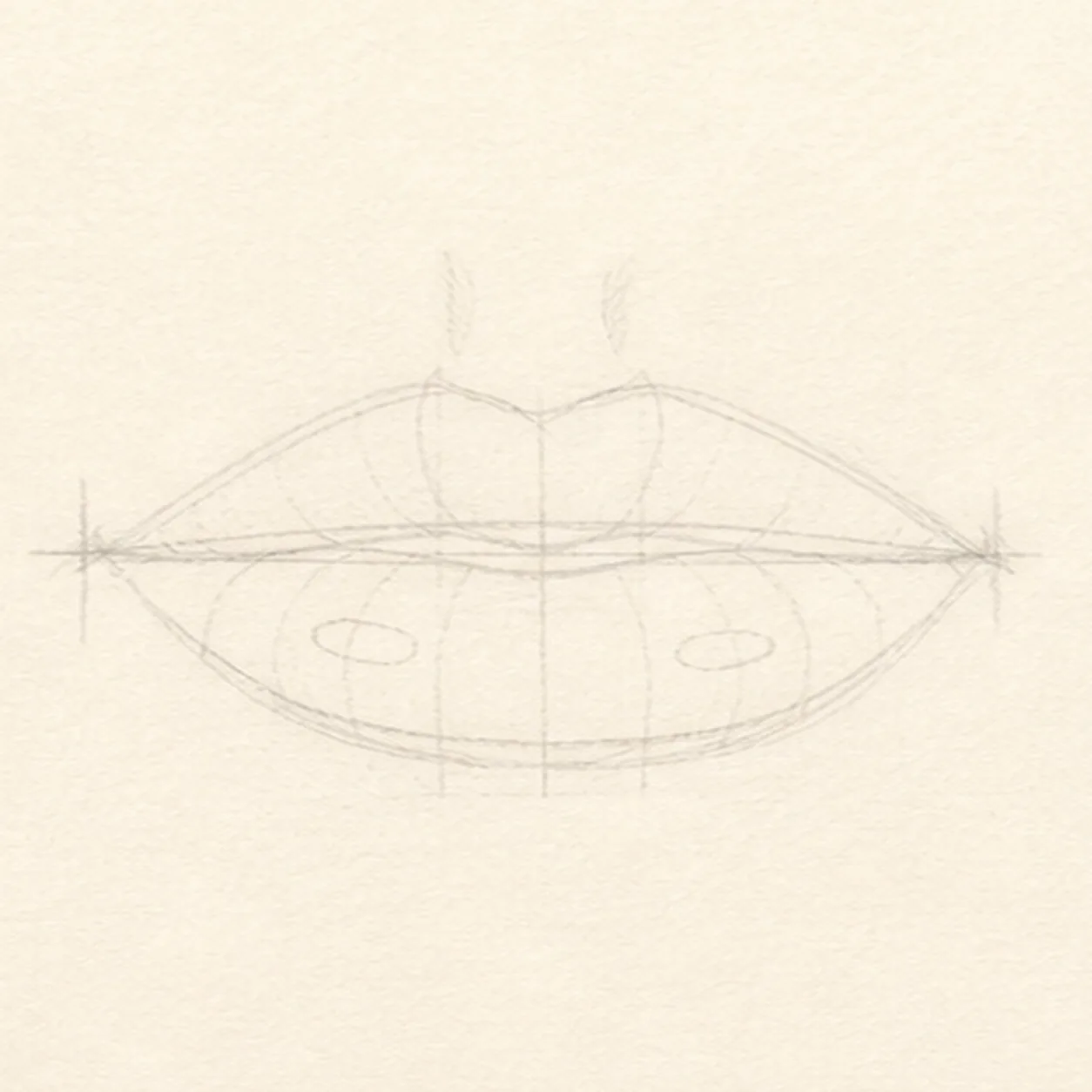 Map the pouty proportions stage for how to draw pouty lips