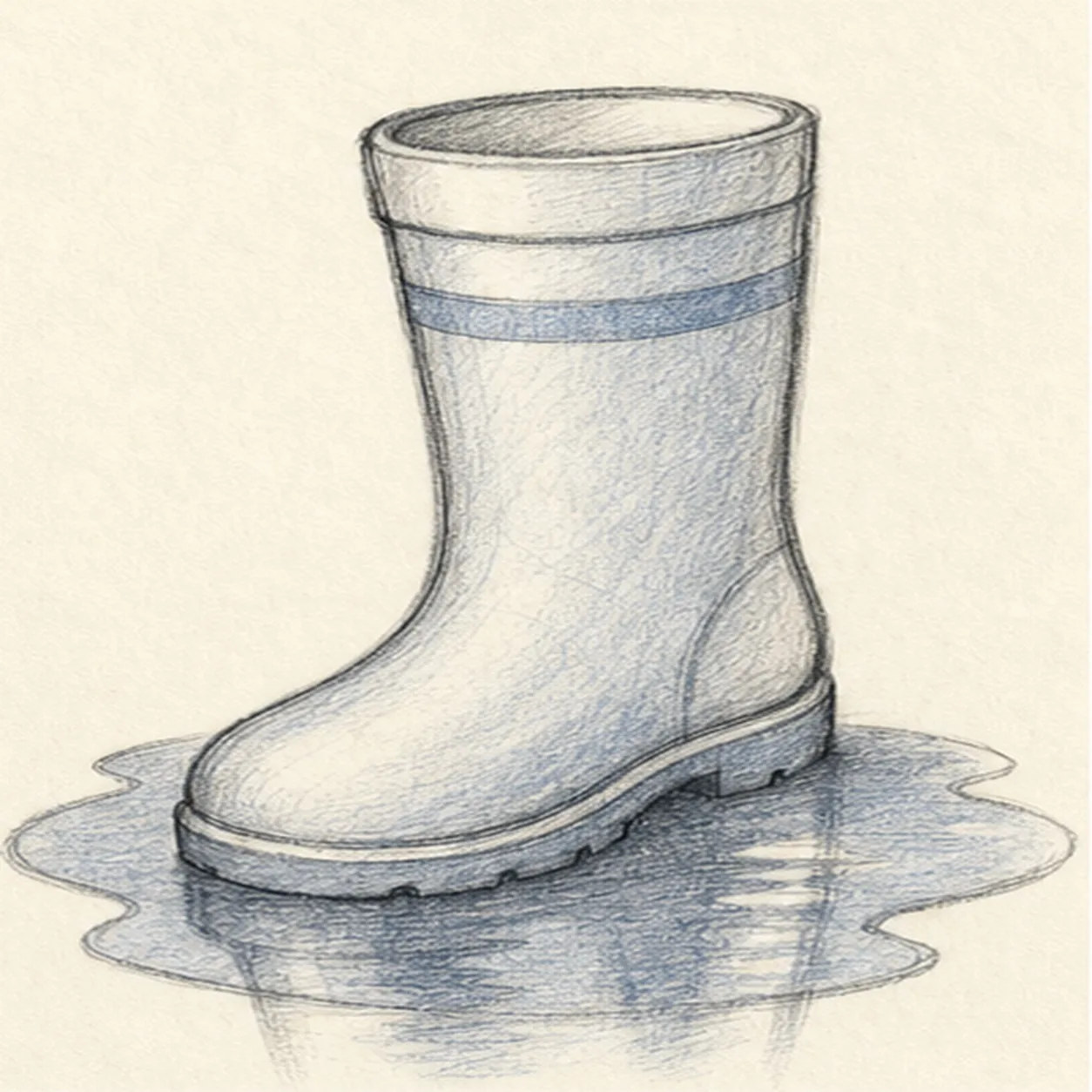 Graphite and blue-gray colored-pencil sketch of a single rain boot standing in a puddle with a cuff, stripe band, thick sole, reflection marks, and soft shading