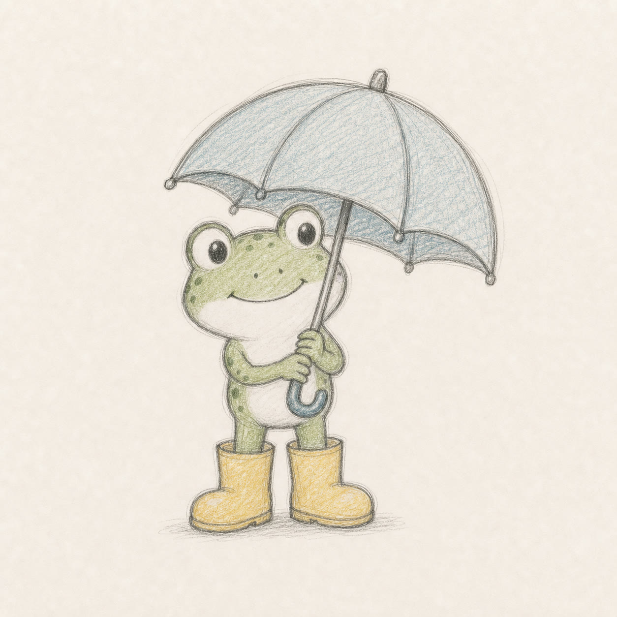 Loose graphite and colored-pencil sketch of a cartoon frog in yellow rain boots holding a blue umbrella
