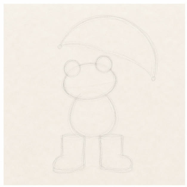 Block in the big shapes stage for how to draw a rainy-day frog