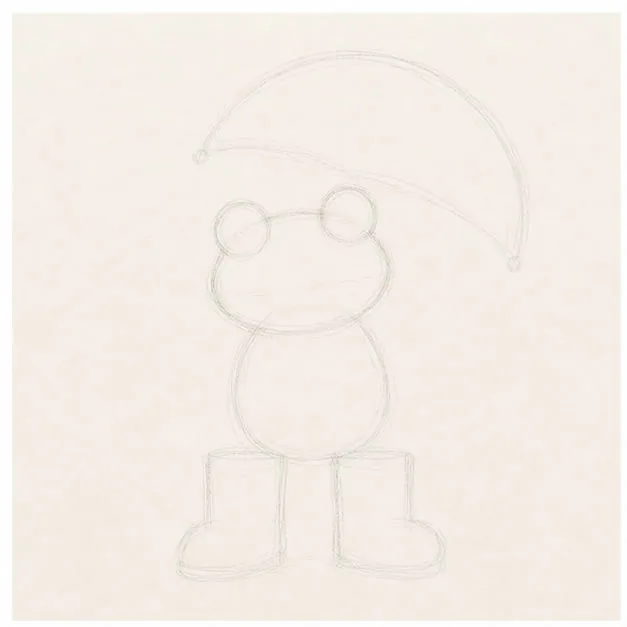Block in the big shapes stage for how to draw a rainy-day frog