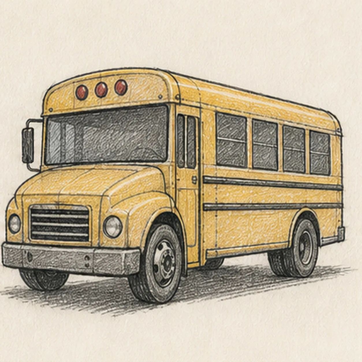 Handmade graphite and restrained colored-pencil sketch of one generic face-free school bus in a front-left three-quarter view with one broad dark windshield, one folding entry-door window, exactly four receding side passenger windows, exactly two visible wheels, two headlights, exactly three muted-red roof marker lamps, one side mirror, two dark horizontal safety bands, one simple front grille and bumper, several small panel seams, tactile directional hatching, school-bus-yellow body color, cool-gray glass and wheel values, open paper highlights, and one broken graphite ground shadow