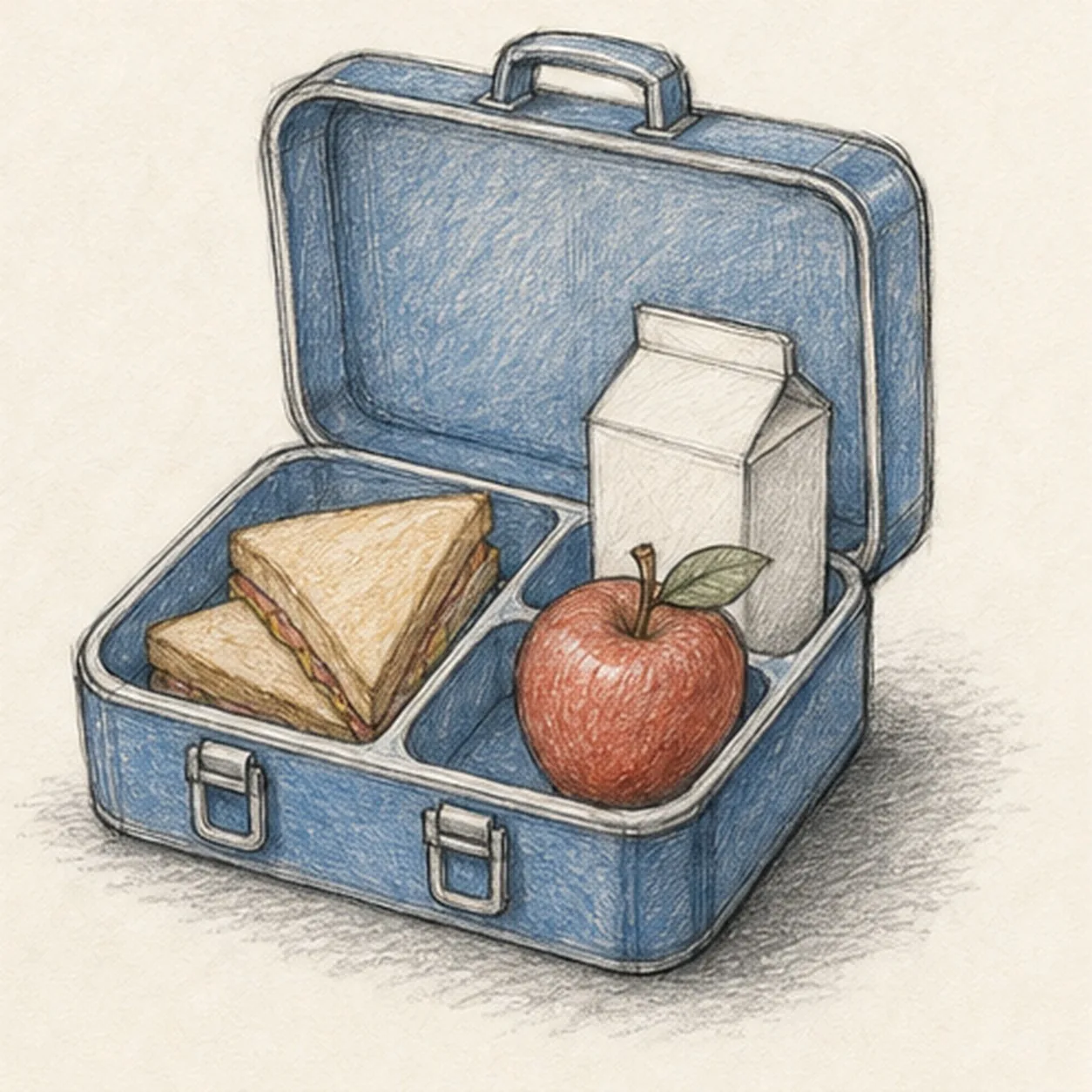 Handmade graphite and restrained colored-pencil sketch of one open dusty-blue school lunchbox in a three-quarter view with an upright rounded lid, centered handle, exactly two front latches, three interior compartments, exactly two stacked sandwich triangles, one muted-red apple with one stem and leaf, one plain folded-top drink carton, paper highlights, and a broken graphite cast shadow